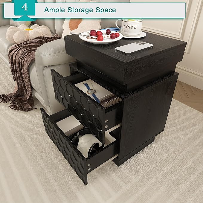 Led Nightstand with Charging Station, Hexagonal Fluted Night Stand with Sliding Top, Wooden Bedside Table with 3 Drawers, Modern Bed Side End Table for Bedroom, Living Room, Black
