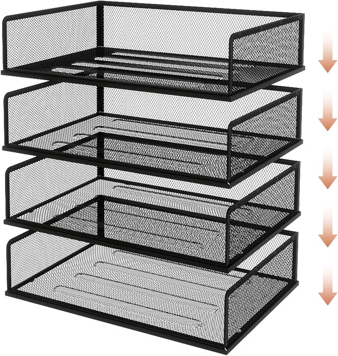 Natwind 4 Tier Letter Trays, File Trays for Desk Stackable,Desktop Paper Organizers for Office Supplies, Metal Mesh File Organizer，Office Organizer，Letter Trays for Home, Office, School，Black