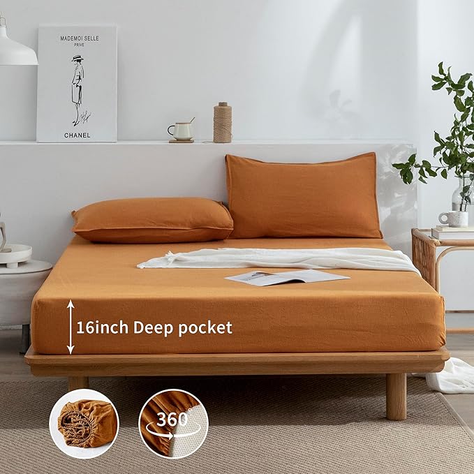 EVERLY Linen Sheets Set King Size,100% French Stonewash Pure Linen Sheets Set,4Pieces (1Flat Sheet,1Fitted Sheet,2Pillowcase) Suitable for Hot Sleepers,Deep Pocket Natural Bedding Set-Caramel