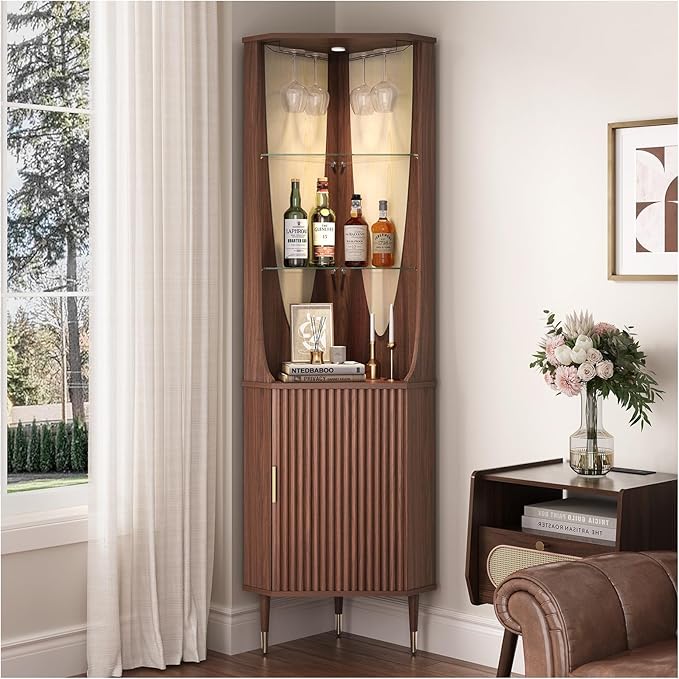 70" Tall Corner Bar Cabinet, Mid-Century Modern Fluted Storage Cabinet with Glass Shelves, Door & LED Lighting, Space-Saving Liquor Cabinet for Living Room, Kitchen, or Dining Room, Walnut