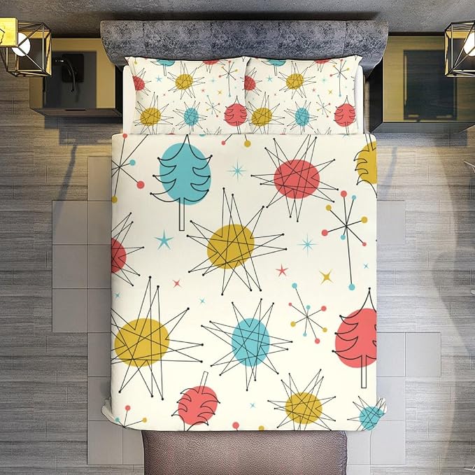 Mid Century Duvet Cover Queen Retro Atomic Bedding Set, Rainbow Grid Comforter Cover Vintage Fifties 1950s Bed Set，Abstract Art Bedding 3 Piece (1 Duvet Cover 90"x90" + 2 Pillow Sham 20"x30")