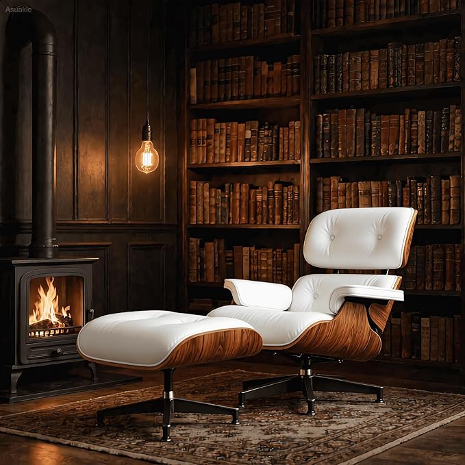 Top Grain Leather, Mid Century Chaise Lounge Chair and Ottoman, Modern Chair Classic Design, Heavy Duty Base Support for Living Room Study Lounge Office, Palisander-White