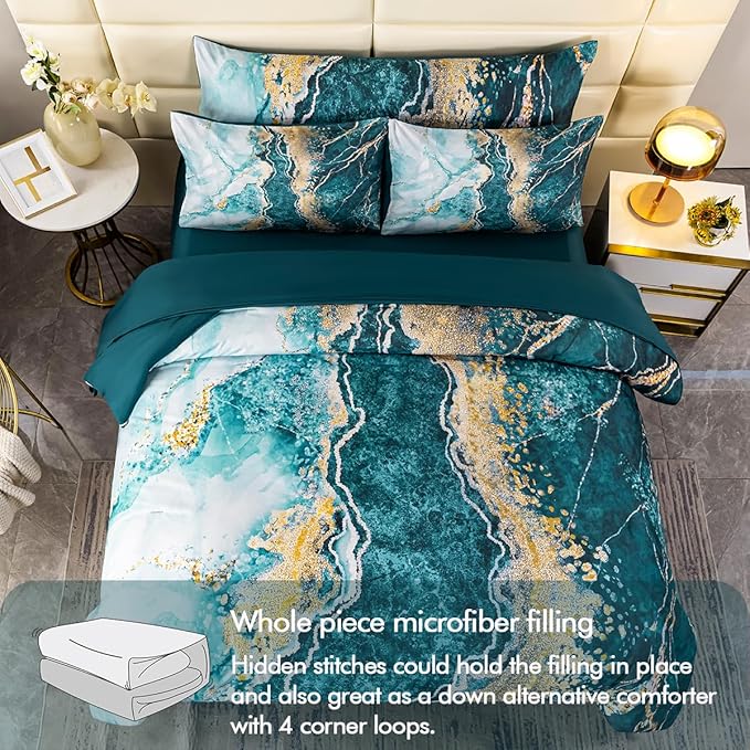 PERFEMET 6 Pieces California King Comforter Set-Aqua Gold Bed in A Bag-Watercolor Marble Print Comforters with Sheet Soft Lightweight Tie Dye Bed Sets for All Seasons(Aqua, Cal King)
