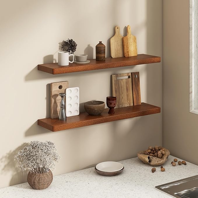 Fun Memories 36 Inch Floating Shelves, Rustic Solid Wood Wall Shelves Set of 2, 8 Inch Deep Floating Shelf for Bathroom, Bedroom, Heavy-Duty Wooden Shelf Wall-Mounted for Home Decor & Storage