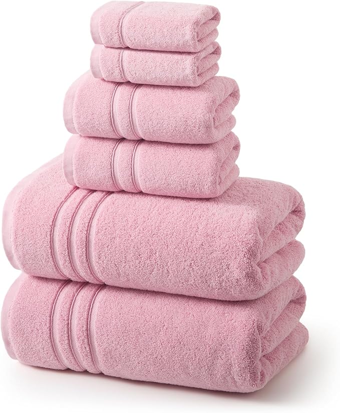 REDKISS Pink Towels Set 6 Piece Cotton Towel Sets with 2 Bath Towels, 2 Hand, 2 Washcloths, 650GSM Hotel Quality, Soft, Highly Absorbent Towels for Bathroom Gym, Ideal Everyday Use