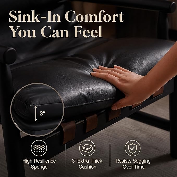 DUOMEI Faux Leather Accent Chair Set of 2, Mid Century Modern Living Room Chairs with Solid Wood Frame, Upholstered Lounge Reading Chair Comfy Arm Chair Cozy Recliner for Bedroom/Guest Room, Black