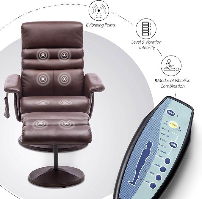 MCombo Recliner with Ottoman, Reclining Chair with Massage, 360 Swivel Living Room Chair Faux Leather, 7902 (Dark Brown)