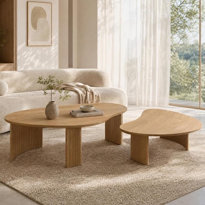 Nesting Coffee Tables Set of 2 – Cloud/Mango Shaped Ash Veneer Top with Fluted Solid Wood Legs, Space-Saving End Tables for Living Room, Natural Wood Finish (47" L x 25" W x 16" H)