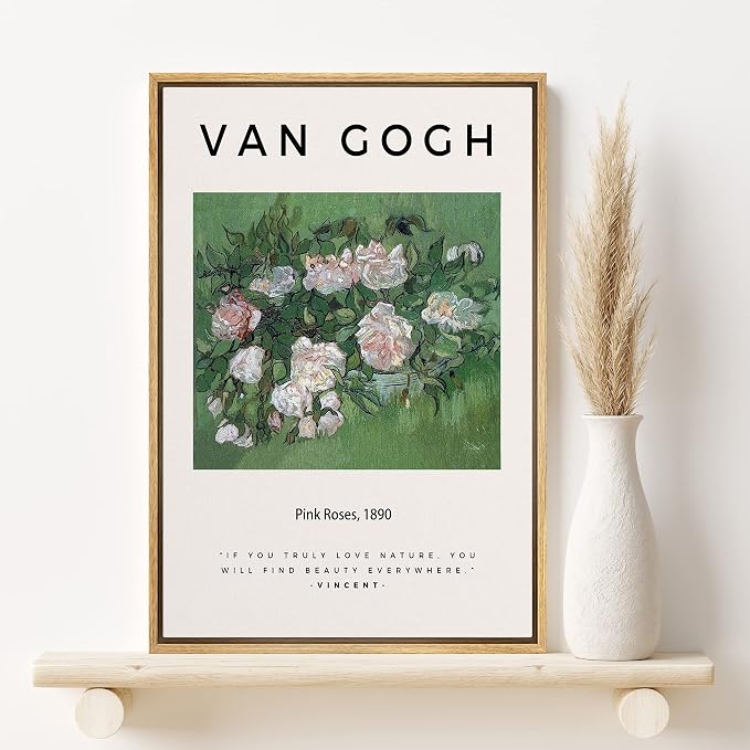 SIGNLEADER Framed Canvas Print Wall Art Van Gogh Pink Roses 1890 Decorative Brushstroke Illustrations Fine Art Colorful Multicolor Warm for Living Room, Bedroom, Office - 16"x24" Natural