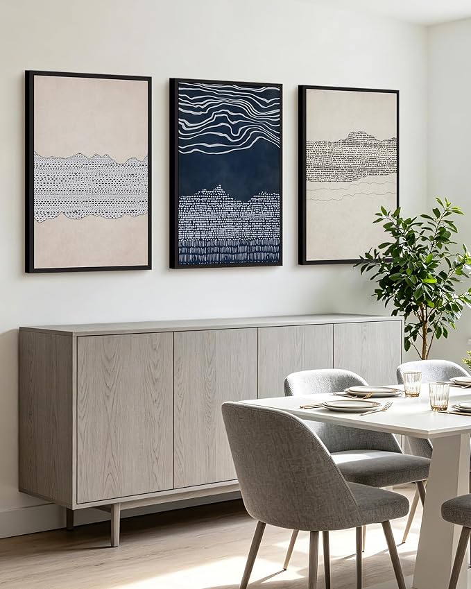KUVIOKE Navy Blue Abstract Framed Wall Art Modern Neutral Minimalist Wooden Pastel Boho Wall Decor Farmhouse Rustic Art Painting Home Decor 24x36in (Black Framed)
