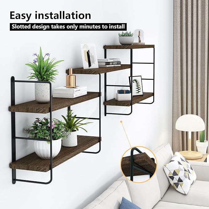 MXCSE Wall Shelves, Wall Mounted Bookshelves, DIY Floating Shelves for Wall, Wood Hanging Book Shelves for Room, Bedroom, Living Room, Easy Installation, 5 Shelves (Brown, 50W x 17H)