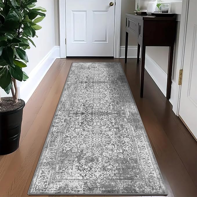 vivorug Grey Runner Rug 2x10 Machine Washable Rug with Non-Slip Backing, Ideal for Kitchen Hallway Entryway Laundry Room - Vintage, Durable, Easy Clean, Low Pile Carpet Runner