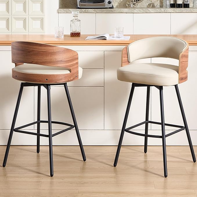 Swivel Bar Stools Set of 2, 26" Counter Height Bentwood Barstool, Upholstered Faux Leather Barstools with Walnut Back, Mid Century Modern Bar Chairs for Kitchen Island, Bar