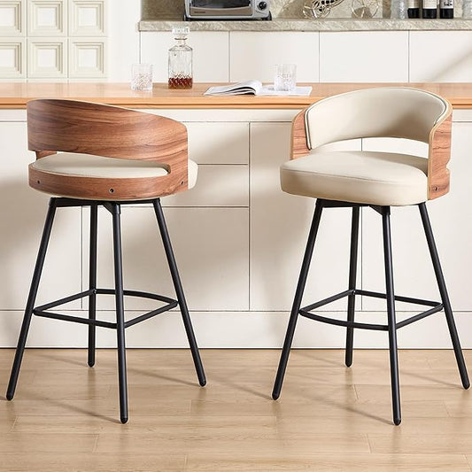 Swivel Bar Stools Set of 2, 26" Counter Height Bentwood Barstool, Upholstered Faux Leather Barstools with Walnut Back, Mid Century Modern Bar Chairs for Kitchen Island, Bar