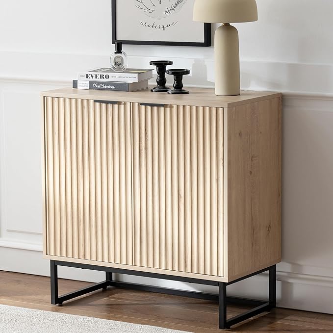 Fluted Storage Cabinet Sideboard Buffet Cabinet, Modern Accent Cabinets with Adjustable Shelves, Wooden Credenza, Console Table Entryway Cabinets for Living Dining Room, Light Oak