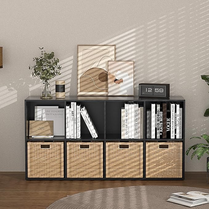 Wooden 8 Cube Storage Organizer with Closed Back Panel,Black Cube Shelf Cubby Storage Organizers with Compartments for Living,Bookshelf,Organizers Easy to Install (Black, 8 Cube)