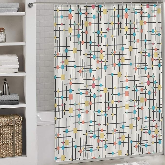Mid Century Shower Curtain,Retro Atomic Geometric Abstract Iconic Pattern Bathroom Curtain Polyester Waterproof Fabric Decor 66x72in（168x183cm）