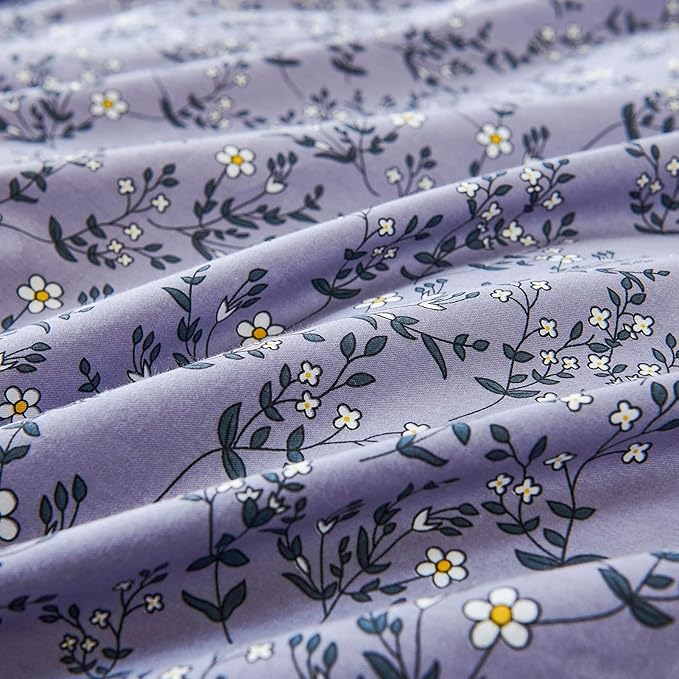 HoneiLife Duvet Cover King Size - 100% Cotton Comforter Cover Floral Duvet Cover Sets,Pale Purple Duvet Cover with Zipper Closure and Corner Ties,3pcs Wildflower Comforter Cover Sets- Lavender Grey