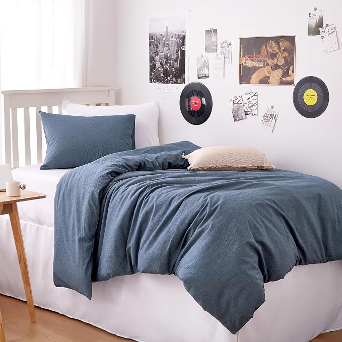 Wake In Cloud - Cotton Duvet Cover Set, 100% Washed Cotton, Linen Like Textured, Breathable Durable Comfy Farmhouse Neutral Bedding Set, 3 Pieces, Denim Blue, Twin/Twin XL Size