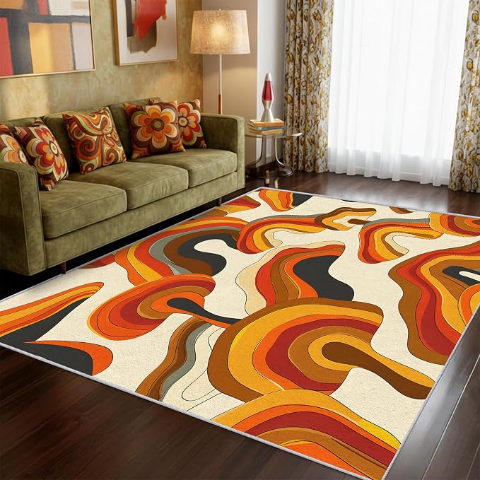 70s Retro Rug Large 7x10 Psychedelic Funky 1970s Abstract Pattern Area Rugs for Living Room, Bedroom, 70s Retro Home Decor Accessories Indoor Carpet, Non Slip & Machine Washable, GD0341