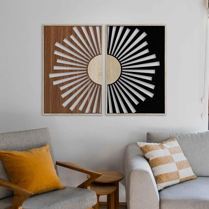 Boho Sun Wood Wall Art Set of 2, Mid Century Modern Sunburst Wall Decor, Celestial Wooden Diptych Panels, Geometric New House Gift for Living Room and Bedroom