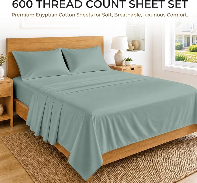SGI bedding 100% Egyptian Cotton Sheets Twin XL Size – 600 Thread Count Sheets Set, Soft, Cooling, 15" Deep Pocket, Luxury Hotel Bedding, Breathable, Durable - Aqua Green