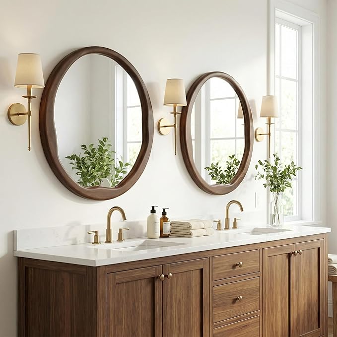 Round Dark Wood Mirror 24 Inch, Irregular Wavy Inner Frame Wall Mirror for Powder Room, Guest Bath, Solid Wood Asymmetrical Modern Decor