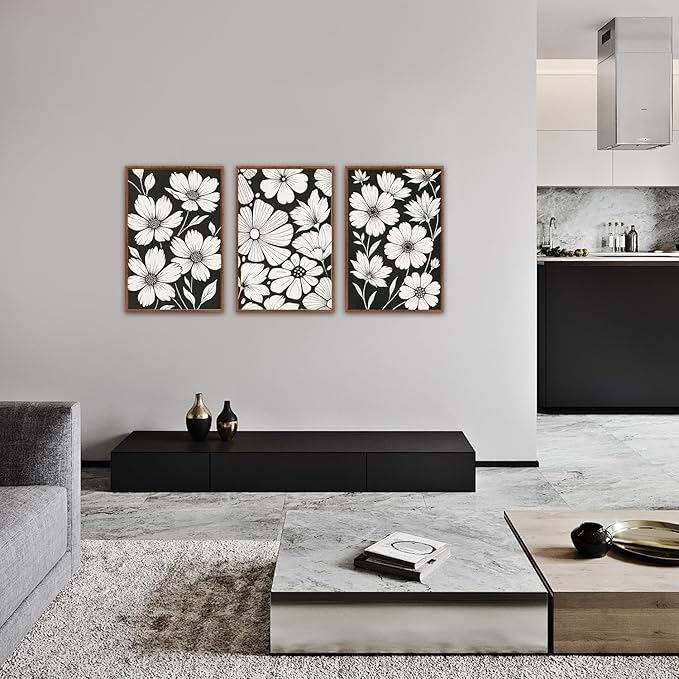 HLNIUC Abstract Black and White Framed Canvas Wall Art,White Flower Plant Poster,Modern Minimalist Floral Painting,Daisy Floral Canvas Art Print for Living Room Bedroom Office-16 x24 x3
