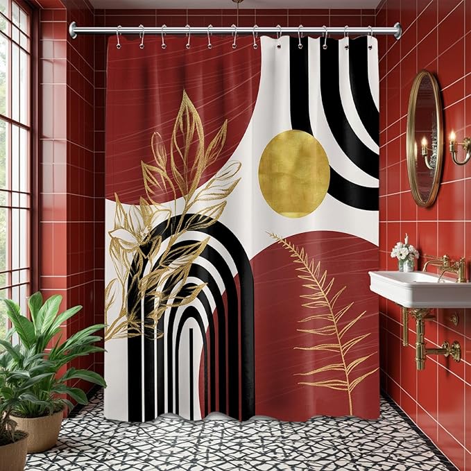 Black and Red Shower Curtain Boho Mid Century Burgundy Dark Red and Gold and White Shower Curtains for Bathroom Decor, Waterproof Cloth Fabric with Hooks, 70" W x 84" L