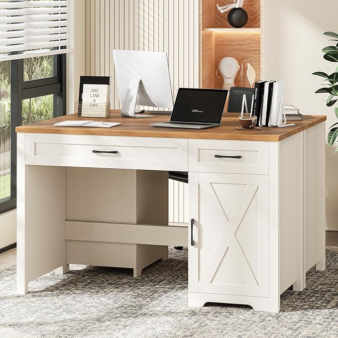 Vabches Farmhouse 47" Executive Desk,Computer Desk with Drawers and Storage Cabinet, Home Office Desk for Work and Study.