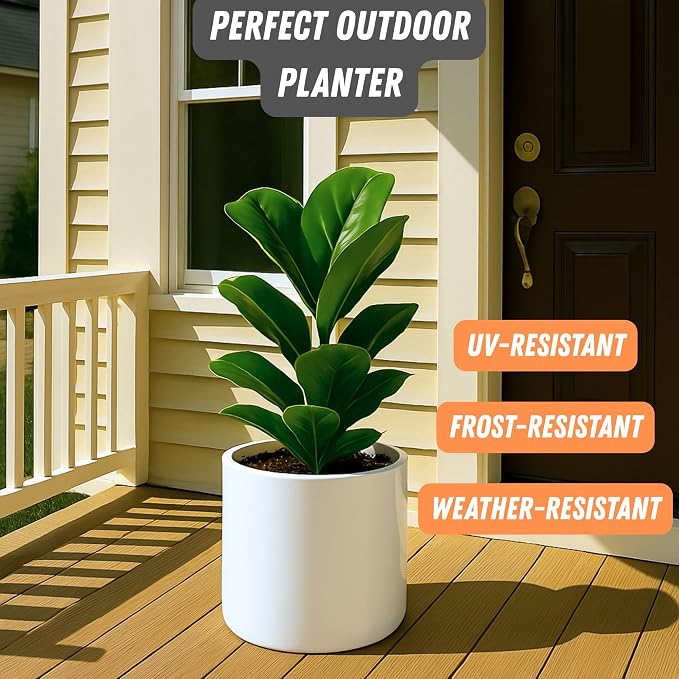 Fox & Fern Large Indoor Planter, Modern Large Plant Pot for Indoor or Outdoor, UV and Frost Resistant - 10 Inch, Fiberstone, Glossy White Flower Pot with Drainage Plug, Lightweight