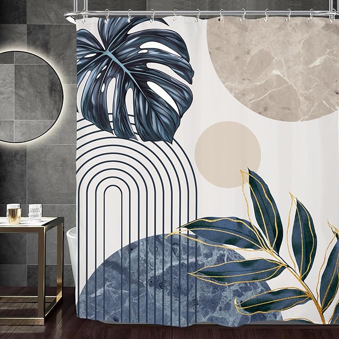 Miyotaa Abstract Blue Shower Curtain Set 60Wx71H Inches Minimalist Aesthetic Modern Contemporary Plant Leaves Neutral Monstera Polyester Waterproof Cloth Bathroom Curtain with 12 Hooks
