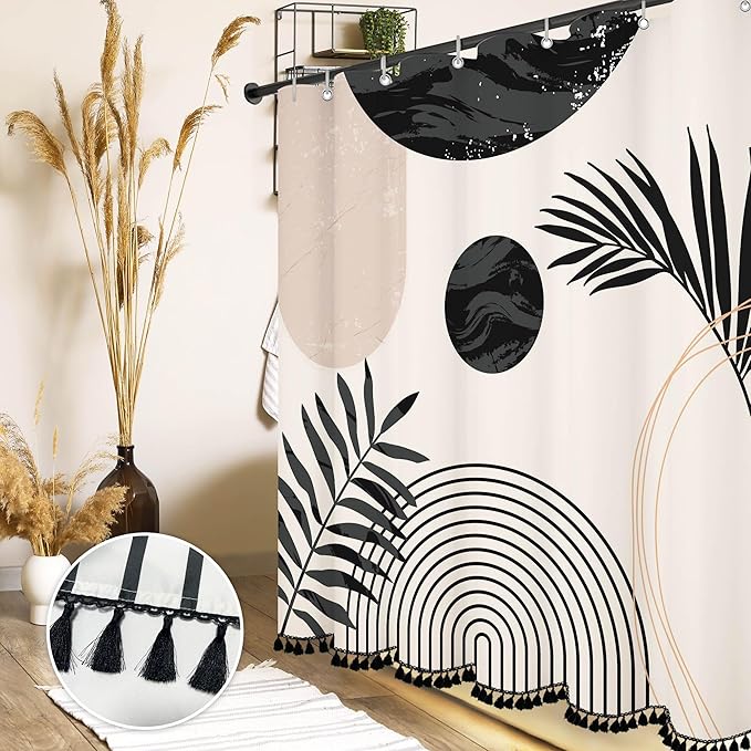 Boho Mid Century Leaf Shower Curtain Set,Arch Sun Design,Minimalistic Leaves Pattern,Waterproof and Luxurious Fabric-12 Hooks(Black and White-72" x 72")