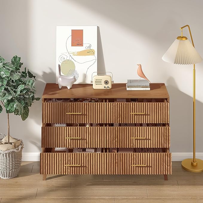 Accent 6 Drawer Dresser, Modern Closet Dressers Chest of Drawers with Fluted Panel, Living Room Bedroom Nursery Entryway and Hallway (Walnut)
