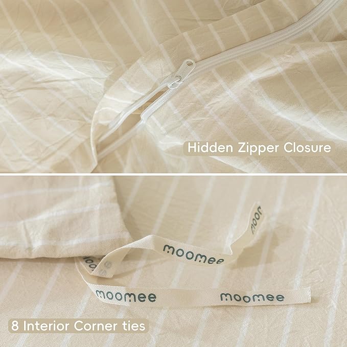 MooMee Striped Duvet Cover Set 100% Washed Cotton Linen Like Textured Breathable Durable Soft Comfy (Almond Milk Grey White Wide Stripes, Super King Plus 120"x120")