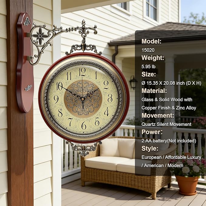 Large Vintage Double Sided Wall Clock with Glass & Copper Finish, Zinc Alloy & Solid Wood, Silent Battery Operated, Roman/Arabic Numerals for Living Room Office Decor (15.35x20.08 Inch)