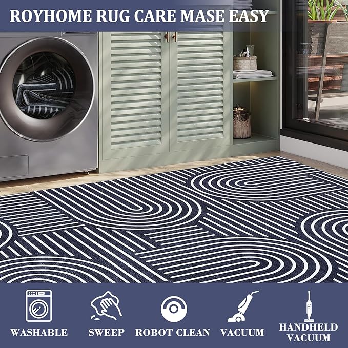 Washable Rug 4x6 Area Rugs for Living Room, Abstract Rug for Bedroom, Soft Rainbow Non Slip Throw Rugs with Rubber Back, Low Pile Stain Resistant Boho Geometric Carpet for Dining Room, Blue