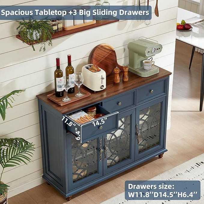 Farmhouse Sideboard Buffet Cabinet Set of 2 with Storage,48" Large Credenza with 3 Glass Doors & 3 Drawers,Adjustable Shelves Console Table,Wood Kitchen Coffee Bar for Dining Room,Navy Blue