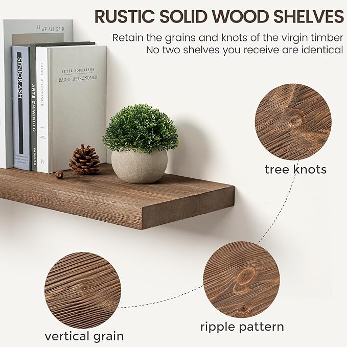 Marsmiles Floating Shelves | 36 Inch Dark Wood Wall Shelves Set of 2 | 9.3 Inch Deep Rustic Reclaimed Wood Shelves for Room Wall | Farmhouse Floating Shelves for Living Room Bathroom