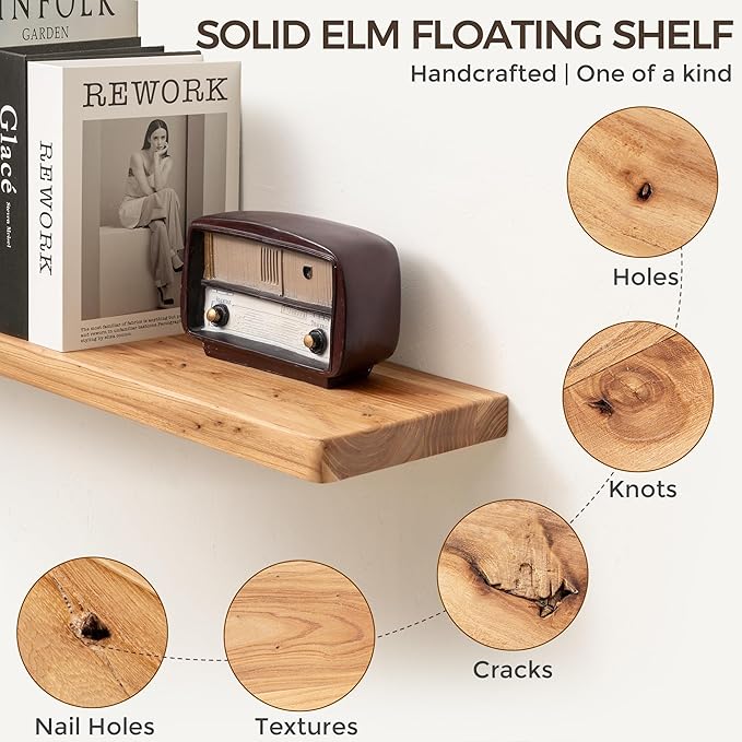 Fun Memories Floating Shelves for Wall, Rustic Wood Floating Shelf for Home Decor, Solid Elm Wood Wall Shelf Heavy-Duty Bracket, Wooden Bathroom Shelves 16 Inches Long Set of 2