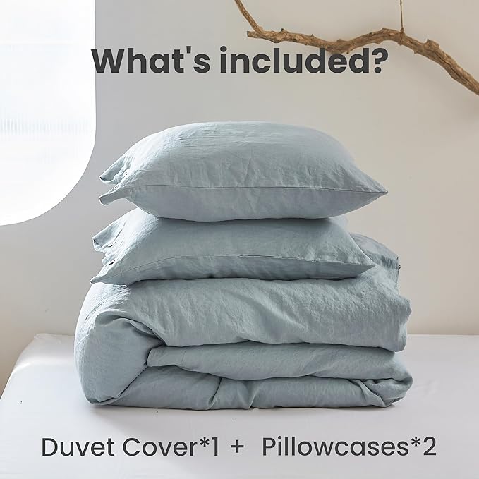 Simple&Opulence 100% Linen Duvet Cover Set 2pcs with Coconut Button Closure Natural French Washed Flax Solid Color Soft Breathable Farmhouse Bedding - Dusty Blue, Twin Size