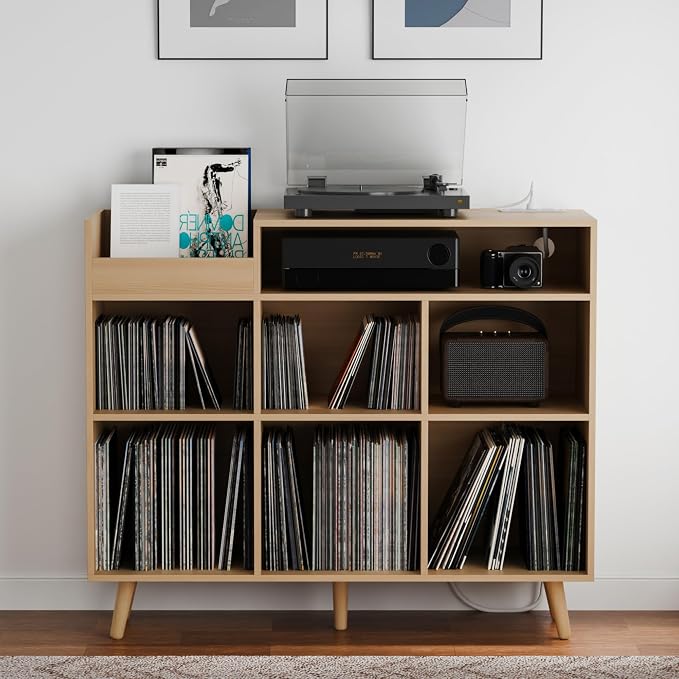 Cozy Castle Large Record Player Stand with Vinyl Storage Cabinet, Wood Turntable Table Open Shelf Holder Up to 500 Albums Cube Storage Organizer for Living Room, Office, Oak