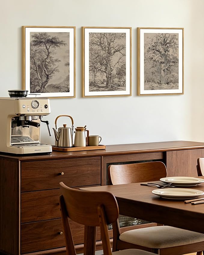 KUVIOKE Vintage Tree Framed Wall Art Retro Antique Forest Drawings Nature Wilderness Sketch Wall Painting Modern Decor 12x16in (Natural Framed)
