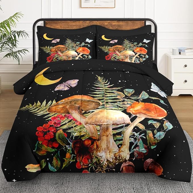 WeCozy 5 Pcs Twin Size Comforter Set with Pillowcase & Sham, Vintage Mushroom Moon Bedding for Kids and Adults, Butterfly Leaves Fern Bed in a Bag with Flat Fitted Sheet