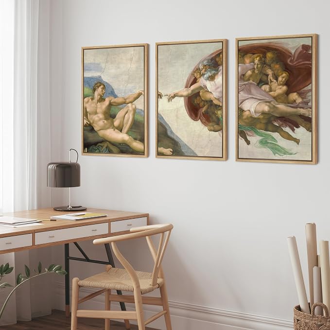wall26 Framed Canvas Print Wall Art Set Creation of Adam by Michelangelo Cultural Historic Oil Painting Fine Art Reproduction Scenic Colorful for Living Room, Bedroom, Office - 16"x24"x3 Natural