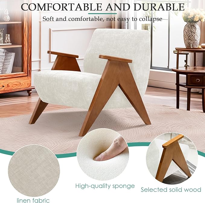 2 Pcs Home Accent Chair Mid Century Modern Accent Chair with Wood Frame, Lounge Upholstered Armchair, Reading Chair, Sturdy Base,For Living Room, Bedroom,Office,Comfy Guest Waiting Room Chairs,Beige