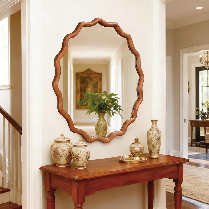 30 Inch Wooden Wavy Round Wall Mirror, Modern Solid Wood Frame Circle Decorative Accent Mirror for Bedroom, Bathroom, Living Room, Entryway, Yellowish Brown