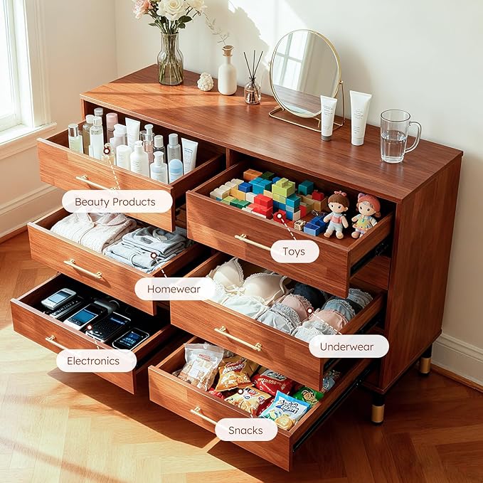 Walnut 6 Drawer Dresser for Bedroom, Modern Brown Wood Chest of Drawers with Wide Storage for Clothes, Closet, or Living Room