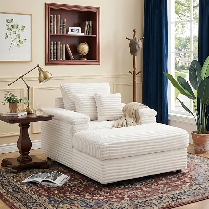Eafurn 43.3" Oversized Accent Chaise Lounge Chair with Ottoman, Modern Corduroy Upholstered Convertible Recliner Armchair Sleeper Lounge Chair with Wood Frame for Living Room Apartment