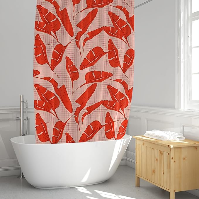 Pink Red Banana Leaf Print Shower Curtain - Tropical Palm Pattern - Modern Maximalist Home Decor - Bold Colorful Hotel Style Fabric Shower Curtain For Any Bathroom - 72x72 Inches (Red Palms)